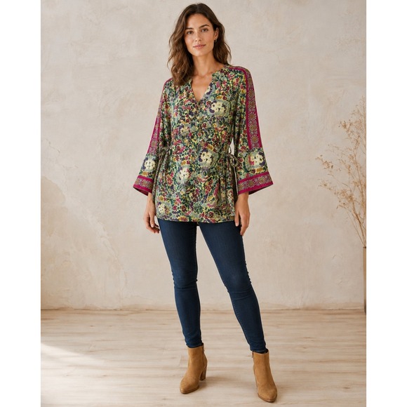 Johnny Was Tops - Johnny Was Women's XL Silk Floral Embroidered Boho Tunic Dress Top